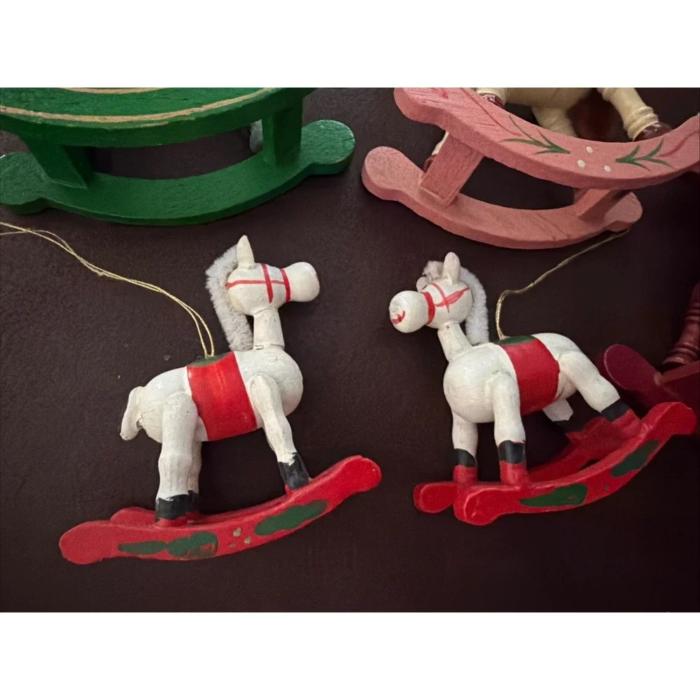 Vintage Lot of 5: Wooden Rocking Horses Christmas Ornaments